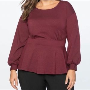 Eloquii Burgundy Wine Long Sleeve Peplum Top Size 20
